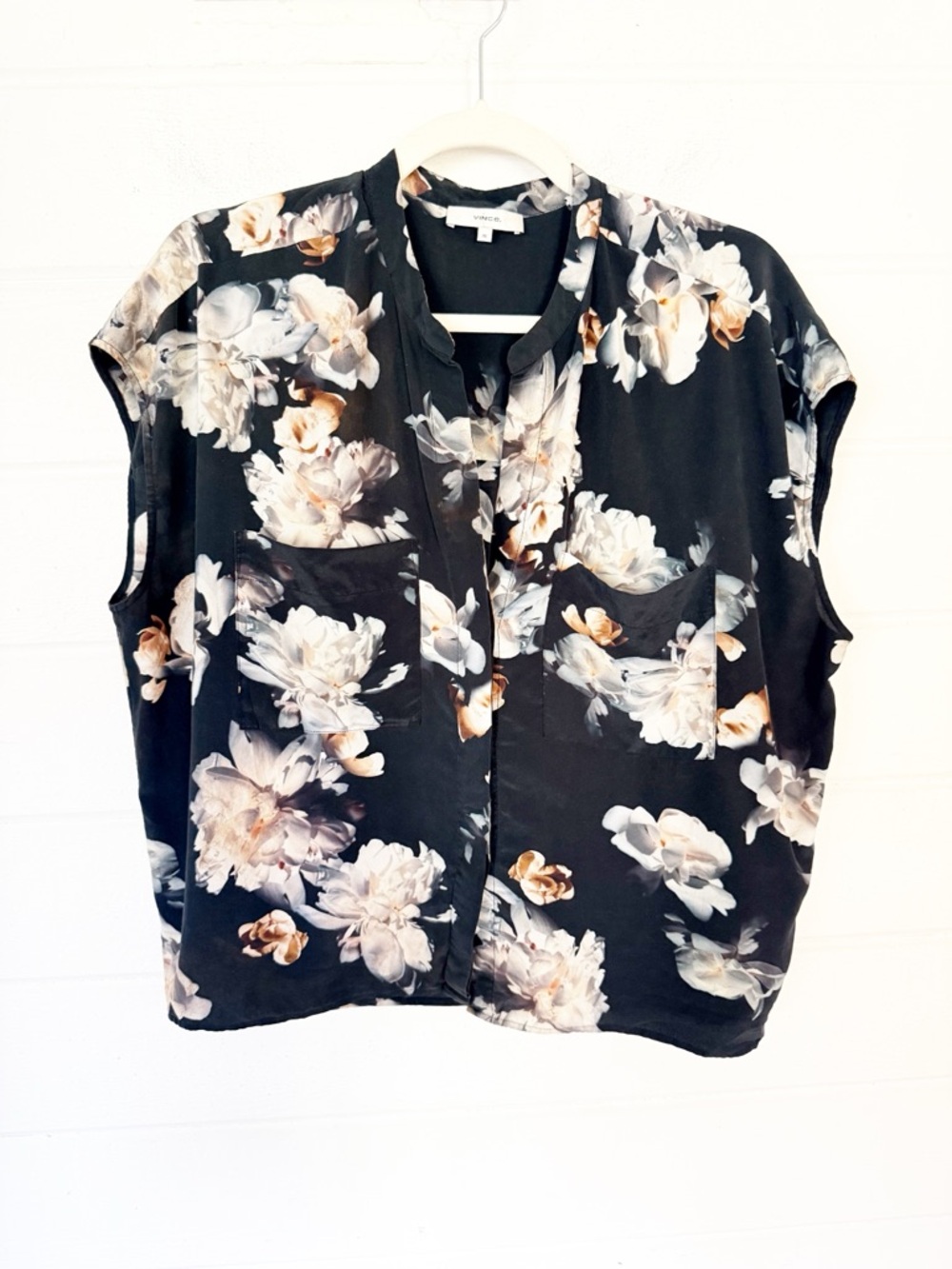 EUC Vince 100% Silk Peony Floral Print Cap Sleeve Pocket Blouse Top XL